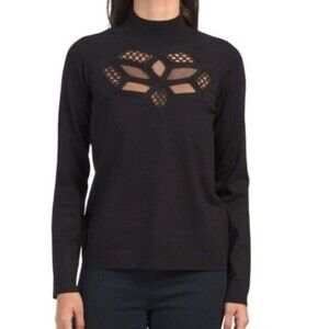 CYRUS Snowflake Cut Out Mockneck Black Stretch Long Sleeve Sweater Size Small